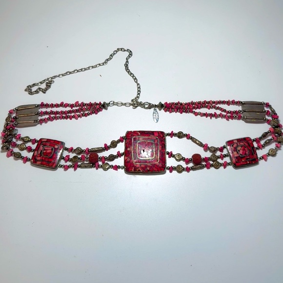 Vintage Cära N.Y. Silver-Toned Chain Belt with Red Mosaic Panels main image 7